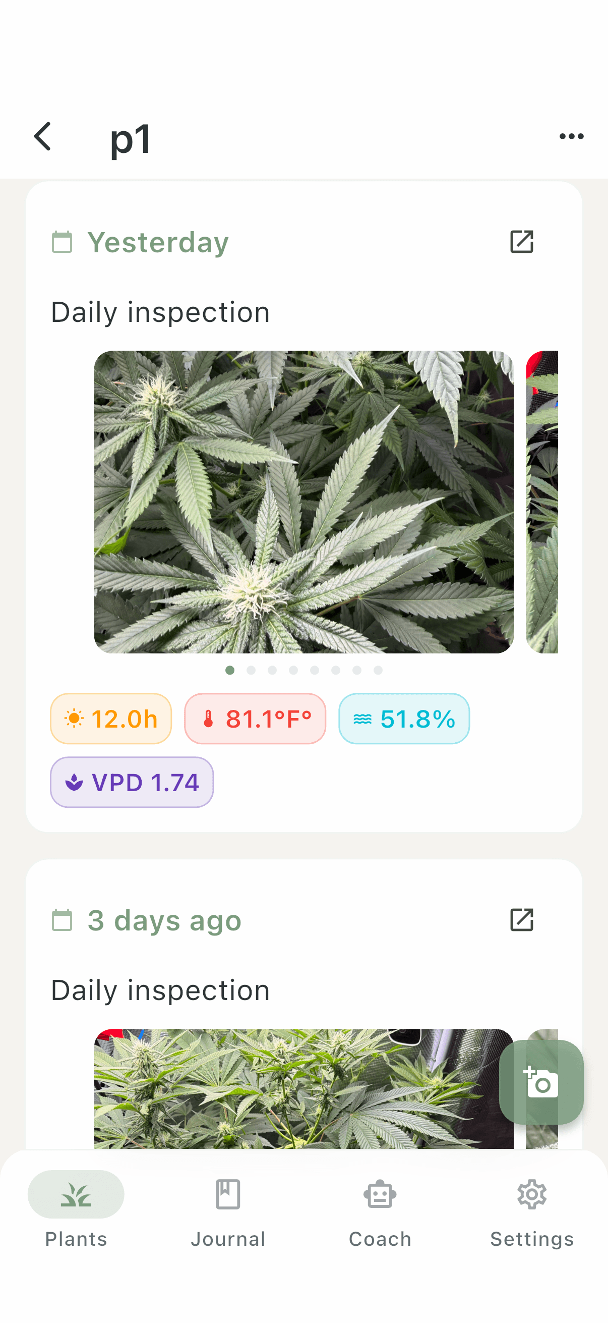 Verdant journal cards with photo thumbnails and metric badges